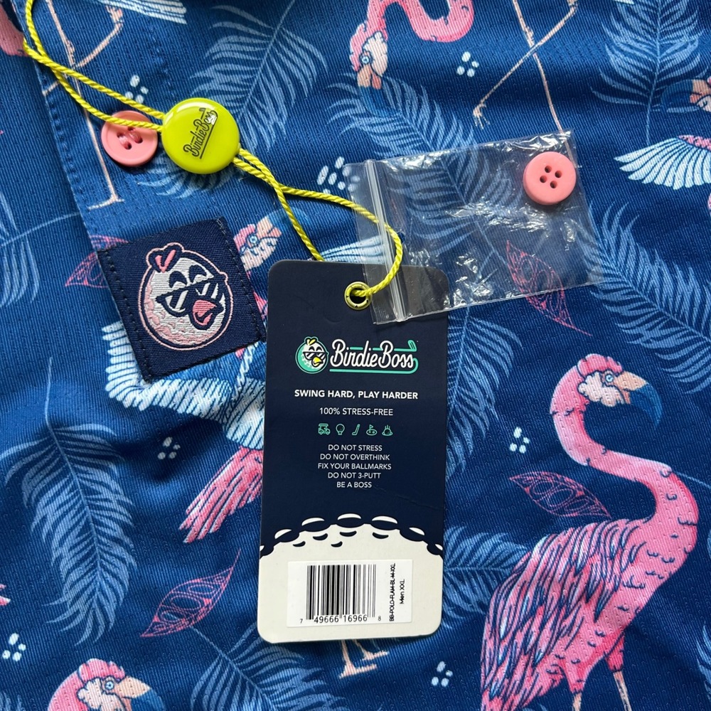 Birdie Boss Mens XXL Flamingo Tropical Golf Polo Navy Blue Pink NWT BB-POLO-FLAM - Picture 7 of 11